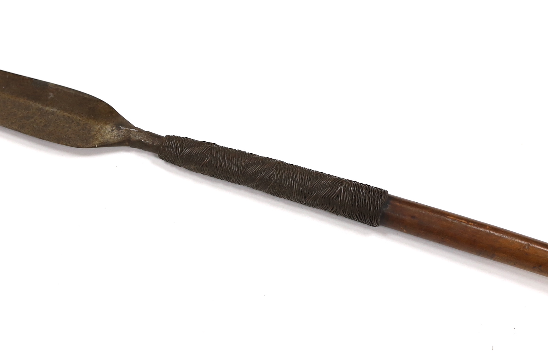 An African spear with wire grip, length 92.5cm